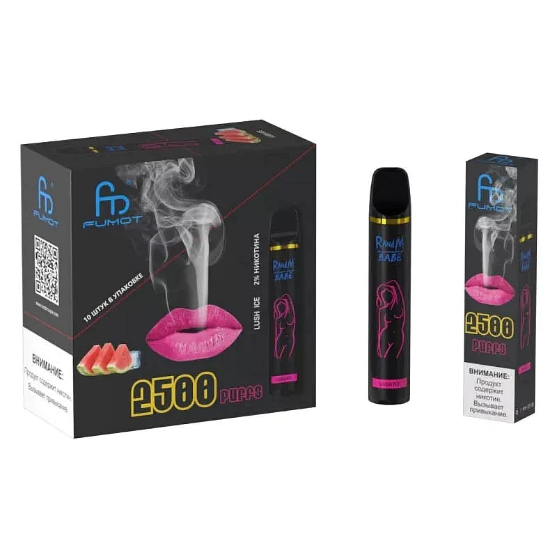 L'imballaggio e un dispositivo da svapo etichettato "Fumot" con "2500 boccate" e un gusto "Lush Ice", con labbra rosa e un disegno di fumo.