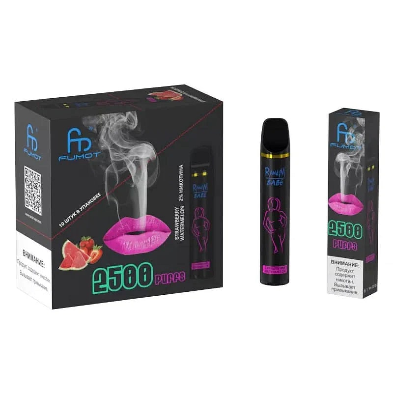 Confezione di un dispositivo da svapo monouso con etichetta "2500 puff", al gusto di fragola e anguria, con immagine di labbra rosa e fumo.