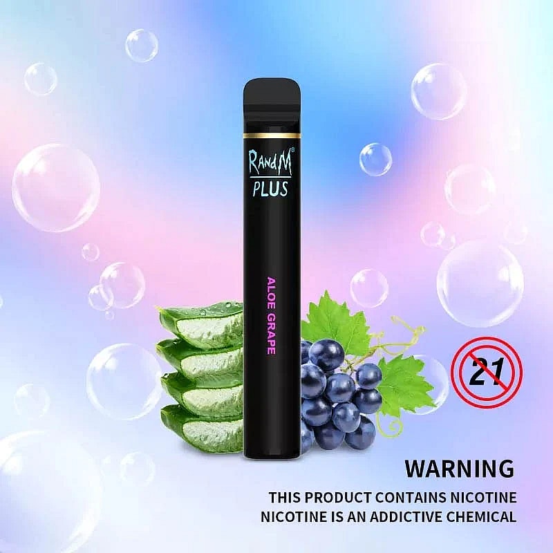 Disposable vape device with "RandM Plus" branding, labeled "Aloe Grape" flavor, shown with aloe vera slices and grapes on a pastel bubble background. Warning label indicates nicotine content and age restriction of 21+.