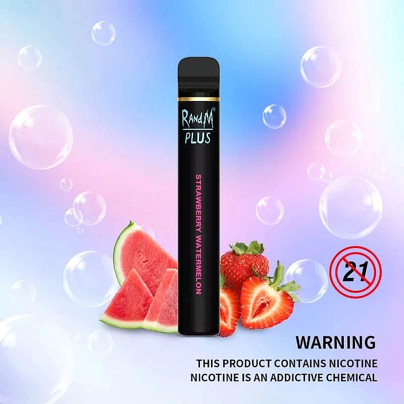 RandM Plus vape device in Strawberry Watermelon flavor, surrounded by images of strawberries, watermelon slices, and bubbles. Warning text indicates the product contains nicotine and is for users aged 21 and over.