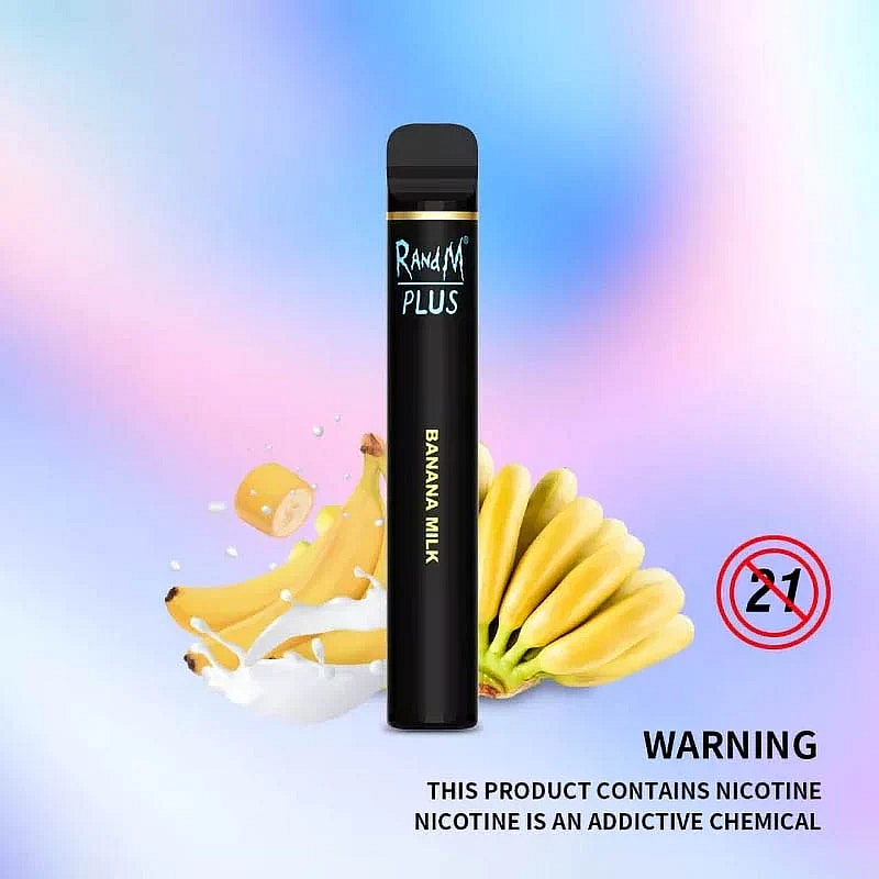 Disposable vape device labeled "RandM Plus Banana Milk" with a warning that it contains nicotine, an addictive chemical. The device is black with an image of bananas and milk in the background.