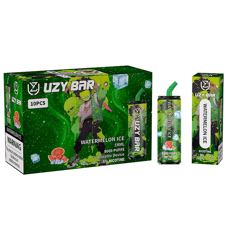 Uzy Bar Watermelon Ice disposable vape packaging with a green color theme, featuring a character illustration, the text "8000 puffs," and nicotine content options.