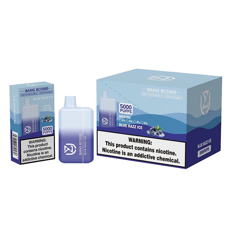 Blue Razz Ice flavored disposable vape with 5000 puffs, shown in packaging with nicotine warning.