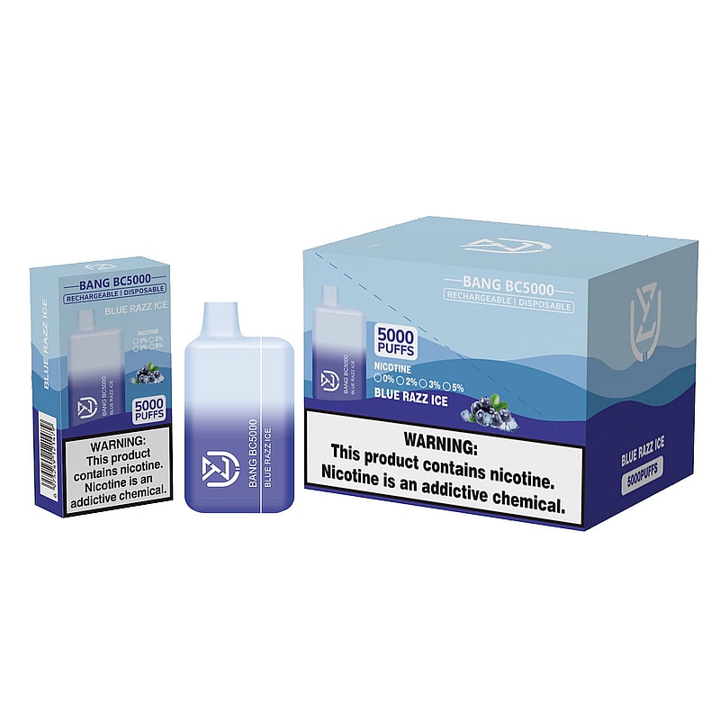 Blue Razz Ice flavored disposable vape with 5000 puffs, shown in packaging with nicotine warning.