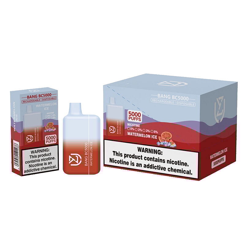 Bang BC5000 Watermelon Ice rechargeable disposable vape packaging, showing the vape device and boxes with "5000 puffs" and nicotine warning labels.