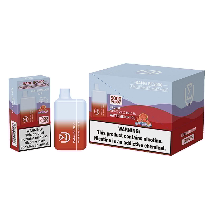 Bang BC5000 Watermelon Ice rechargeable disposable vape packaging, showing the vape device and boxes with "5000 puffs" and nicotine warning labels.