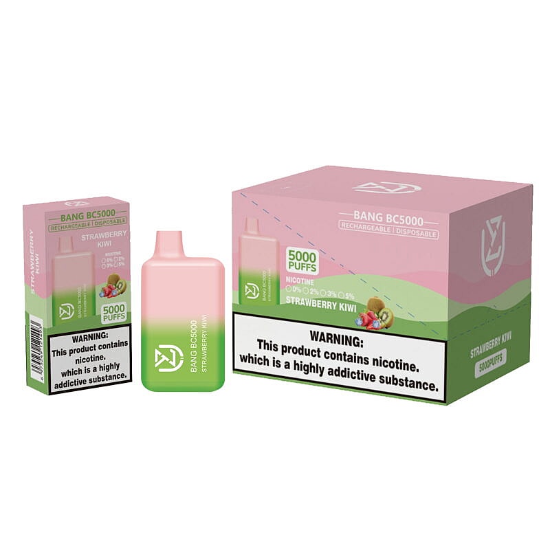 Rechargeable disposable vape device with strawberry kiwi flavor, 5000 puffs, displayed alongside its packaging that includes a nicotine addiction warning.