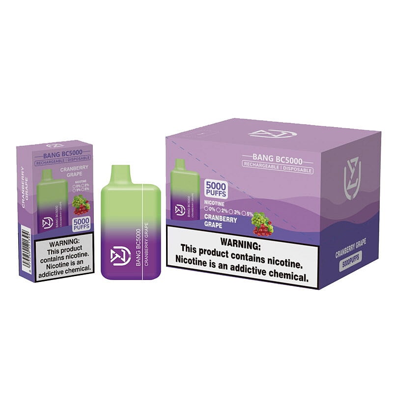 Packaging for a Bang BC5000 rechargeable disposable vape in Cranberry Grape flavor, featuring 5000 puffs, with a green and purple color scheme and a nicotine warning label.