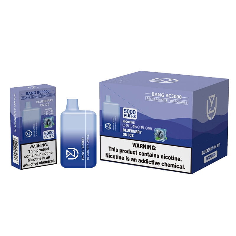 Bang BC5000 disposable vape device packaging featuring "Blueberry on Ice" flavor, offering 5000 puffs, with nicotine levels ranging from 0% to 5%, and a nicotine addiction warning.