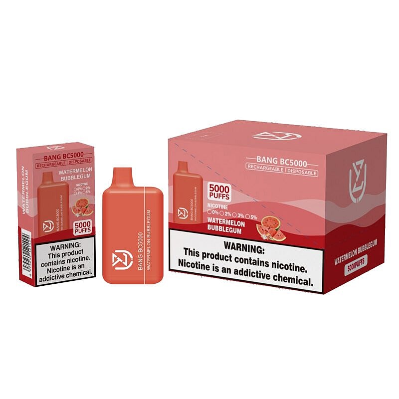 Packaging of Bang BC5000 rechargeable disposable vape in Watermelon Bubblegum flavor, featuring 5000 puffs and a nicotine warning label.