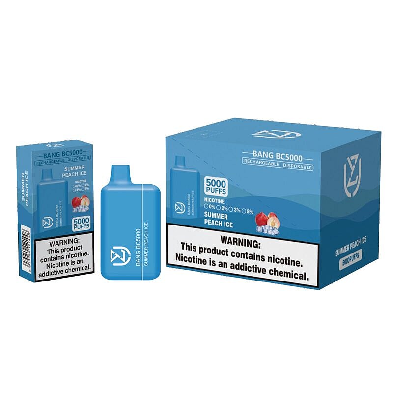 Blue Bang BC5000 rechargeable disposable vape labeled "Summer Peach Ice" with 5000 puffs, displayed alongside its packaging. The box includes a nicotine warning.