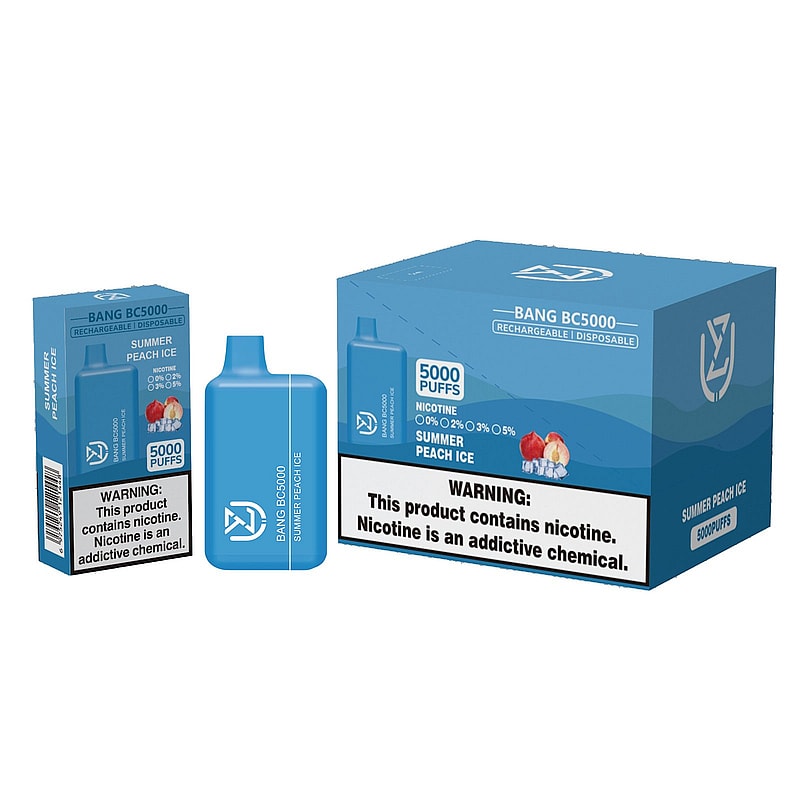 Blue Bang BC5000 rechargeable disposable vape labeled "Summer Peach Ice" with 5000 puffs, displayed alongside its packaging. The box includes a nicotine warning.