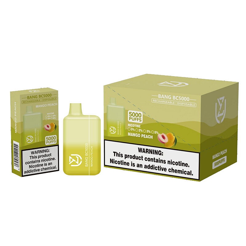 Mango Peach flavored rechargeable disposable vape device packaging displaying "5000 PUFFS," nicotine options, and a nicotine warning label.