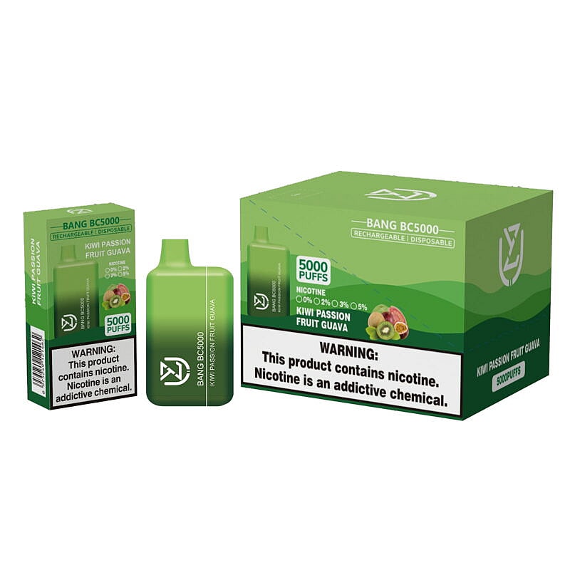 Packaging of a Bang BC5000 disposable vape in Kiwi Passion Fruit Guava flavor, showing a green vape device, box, and carton with warnings about nicotine content and addiction.