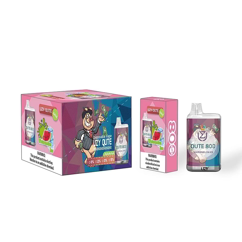 Disposable vape product packaging featuring a cartoon bear holding money, with the flavor "Watermelon Ice" and nicotine strength options displayed.