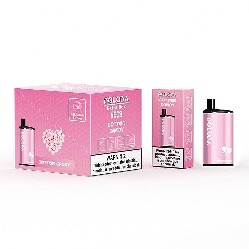 Pink packaging and a disposable vape device labeled "Doloda Extra Box" with the flavor "Cotton Candy." The packaging includes a nicotine warning.