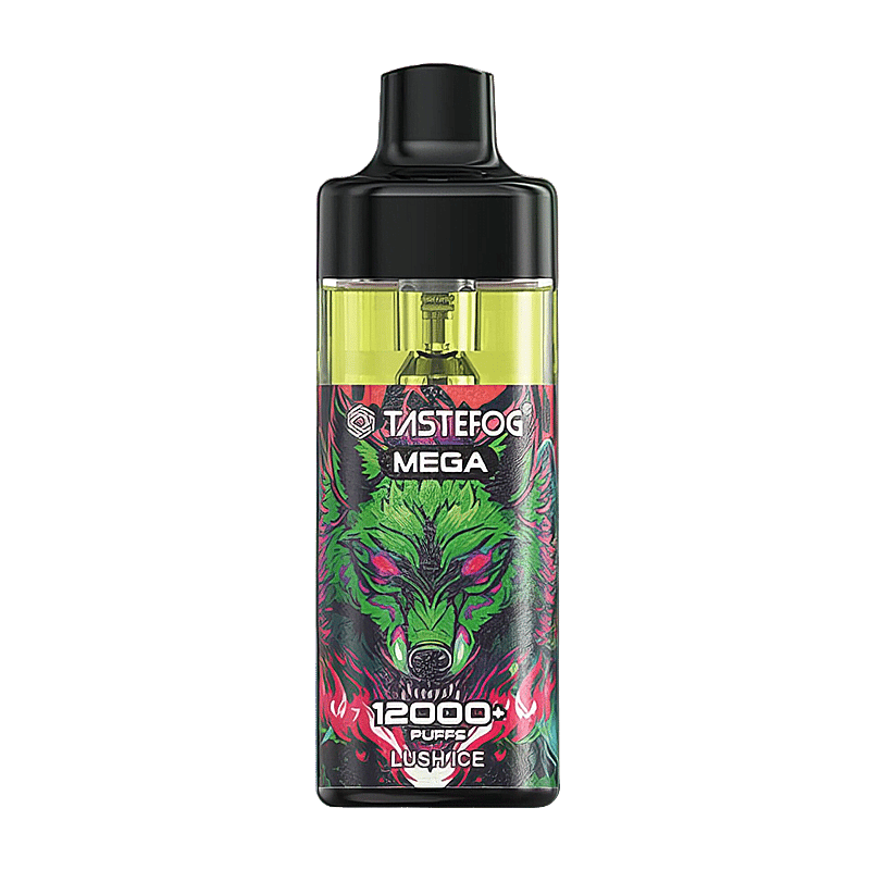 Vaporizzatore "Tastefog Mega" con "12000+ Puffs" ed etichetta del sapore "Lushice" con un vivido disegno di un lupo verde e viola.