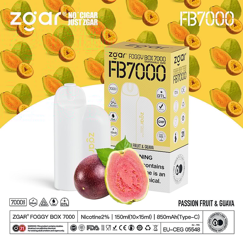 Emballage et appareil de vape jetable Zgar Foggy Box 7000 avec saveur de fruit de la passion et de goyave, entouré d'images de fruits et de détails sur le produit, y compris la teneur en nicotine et les avertissements.