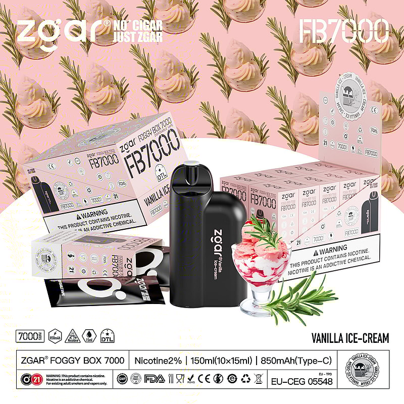 Emballage de cigarette électronique au goût de glace à la vanille Zg'ar Foggy Box 7000 avec appareil, étiquettes d'avertissement et informations sur la teneur en nicotine.