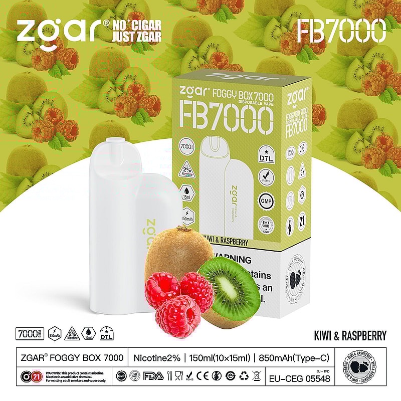 Emballage de vape jetable ZGAR Foggy Box 7000 aux saveurs de kiwi et de framboise, avec un appareil de vape blanc et les détails du produit affichés.