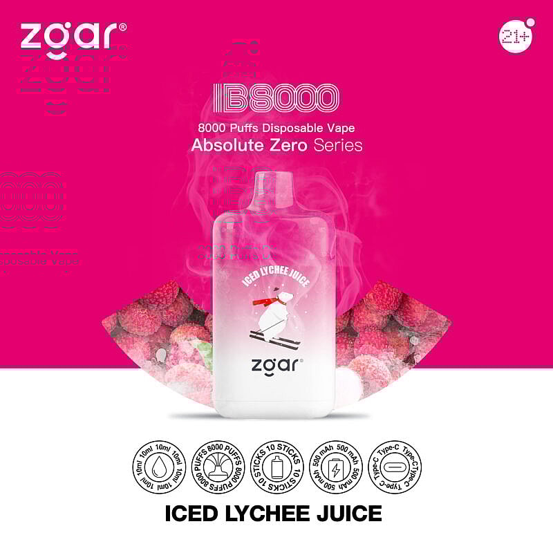 Image promotionnelle d'une vape jetable Zgar LB8000 de la série Absolute Zero, présentant une saveur de jus de litchi glacé, avec un texte détaillant les spécifications et un arrière-plan de fruit de litchi.