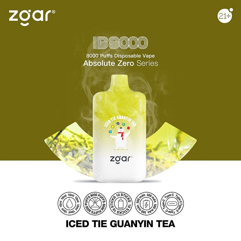 Appareil à vapotage jetable de la marque « zgar » avec la saveur « Iced Tie Guanyin Tea » de la série Absolute Zero, offrant 8 000 bouffées. L'appareil est représenté en vert et blanc avec une illustration d'un ours.