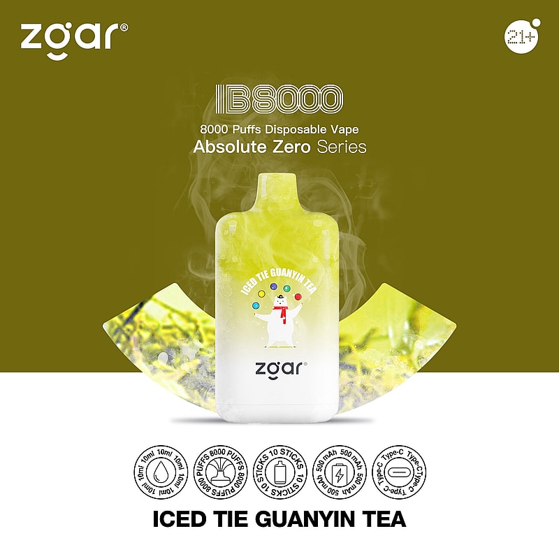 Appareil à vapotage jetable de la marque « zgar » avec la saveur « Iced Tie Guanyin Tea » de la série Absolute Zero, offrant 8 000 bouffées. L'appareil est représenté en vert et blanc avec une illustration d'un ours.