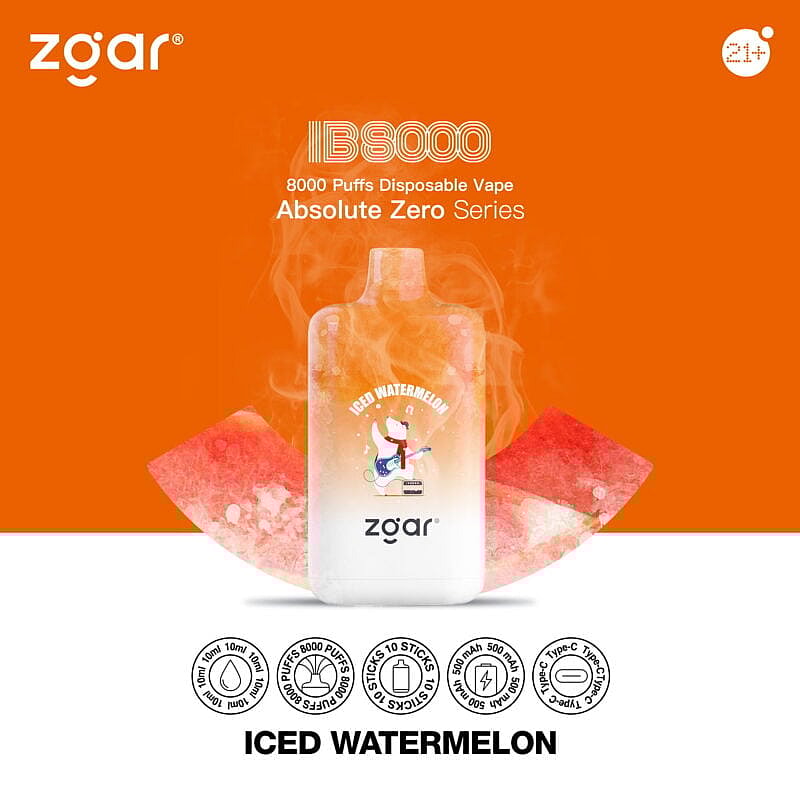 Vape jetable Zgar IB8000 au goût de pastèque glacée, faisant partie de la série Absolute Zero, offrant 8000 bouffées.