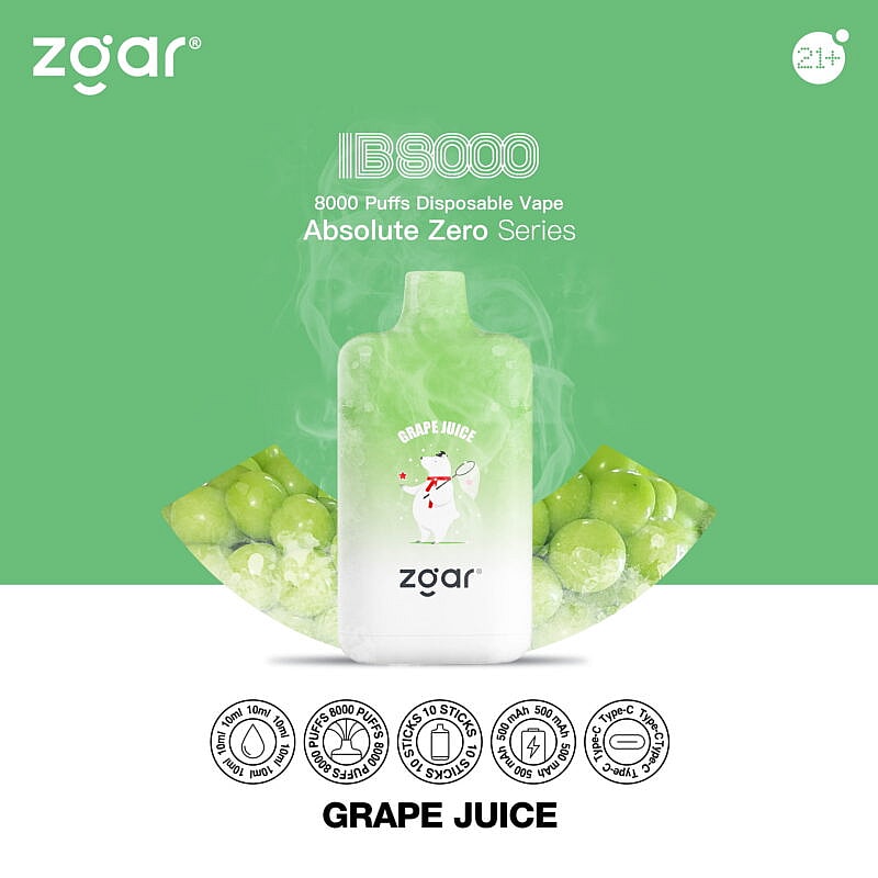 Zgar IB8000 8000 Puffs Vape jetable Série Absolute Zero avec saveur de jus de raisin, fond vert, image de raisins verts.