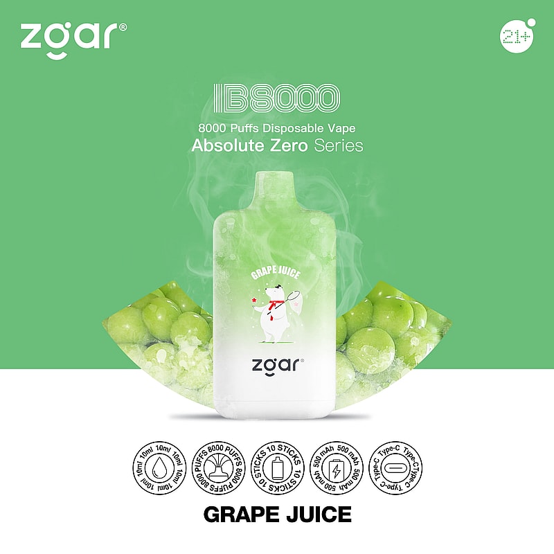Zgar IB8000 8000 Puffs Vape jetable Série Absolute Zero avec saveur de jus de raisin, fond vert, image de raisins verts.