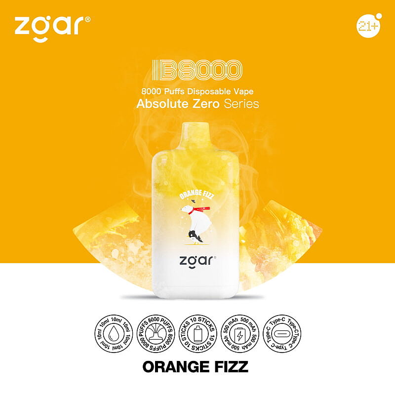 Vape jetable Zgar LB8000 au goût « Orange Fizz », avec une illustration d'ours polaire et des détails sur le produit tels que 8000 bouffées, 10 ml d'e-liquide, 50 mg de nicotine, une batterie de 500 mAh et un chargement USB Type-C.