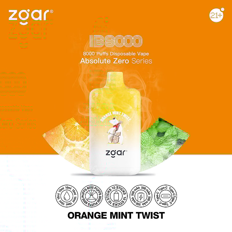 Zgar IB8000 Orange Mint Twist Vape jetable 8000 bouffées Série Absolute Zero, restriction d'âge 21+, avec des images de tranches d'orange et de feuilles de menthe.