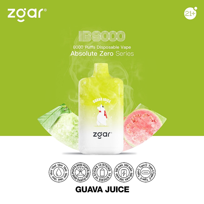 Vape jetable Zgar IB8000 au goût de jus de goyave de la série Absolute Zero, dotée de 8000 bouffées et d'une batterie de 500 mAh.
