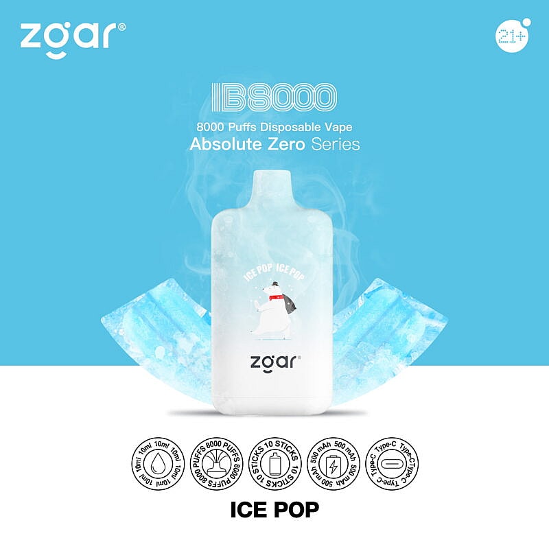 Vape jetable Zgar IB8000 avec 8000 bouffées, série Absolute Zero, saveur "Ice Pop", avec un graphisme d'ours polaire, capacité d'e-liquide de 10 ml, batterie rechargeable de 500 mAh avec chargement USB Type-C.