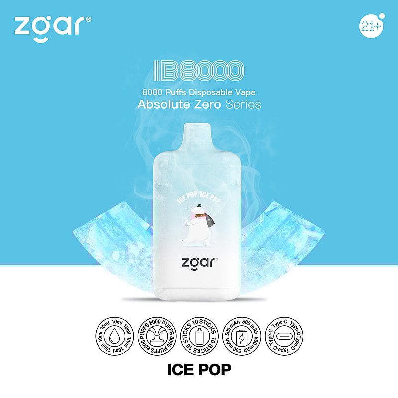 Vape jetable Zgar IB8000 avec 8000 bouffées, série Absolute Zero, saveur "Ice Pop", avec un graphisme d'ours polaire, capacité d'e-liquide de 10 ml, batterie rechargeable de 500 mAh avec chargement USB Type-C.