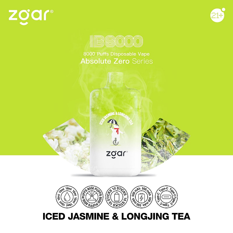 Vape jetable Zgar IB8000 au goût de jasmin glacé et de thé Longjing, avec 8000 bouffées et une capacité de 10 ml, faisant partie de la série Absolute Zero, sur fond vert avec des icônes de produits.
