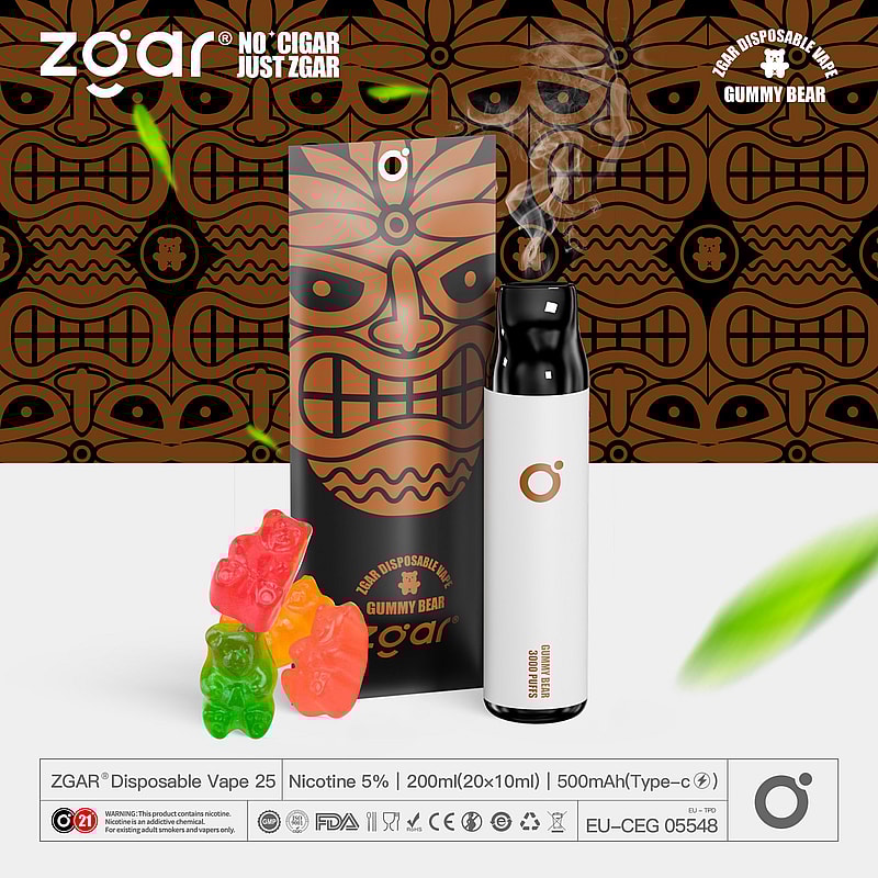 Vape monouso Zgar al gusto Gummy Bear, con un design tribale sulla confezione, una batteria da 500mAh e un contenuto di nicotina di 5%, insieme a caramelle gommose.