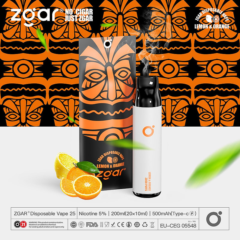 Vape monouso Zgar con confezione al gusto di limone e arancia, caratterizzata da un design a maschera tribale arancione e da fresche fette di agrumi.