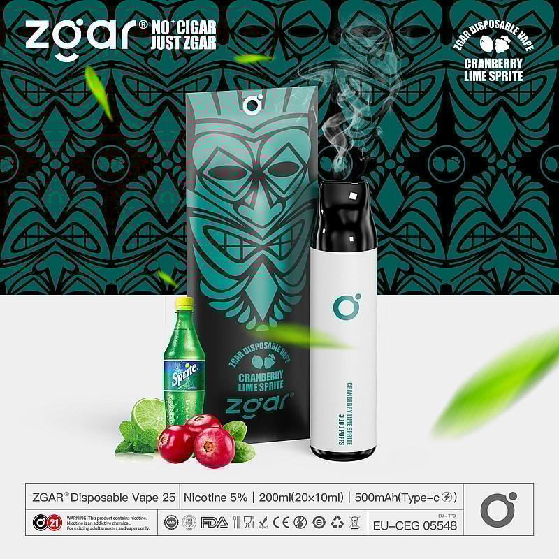 Vape monouso Zgar, gusto Cranberry Lime Sprite, visualizzato accanto a una bottiglia di Sprite, mirtilli rossi e lime, con un disegno a tema tiki sullo sfondo.