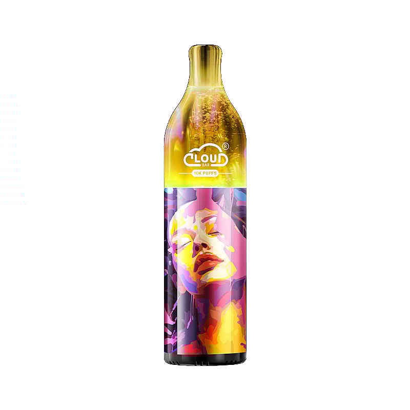 Appareil de vapotage jetable coloré avec la marque « Cloud Bar » et le texte « 10K PUFFS » sur une partie supérieure en dégradé doré et une illustration abstraite vibrante du visage féminin sur la partie inférieure.