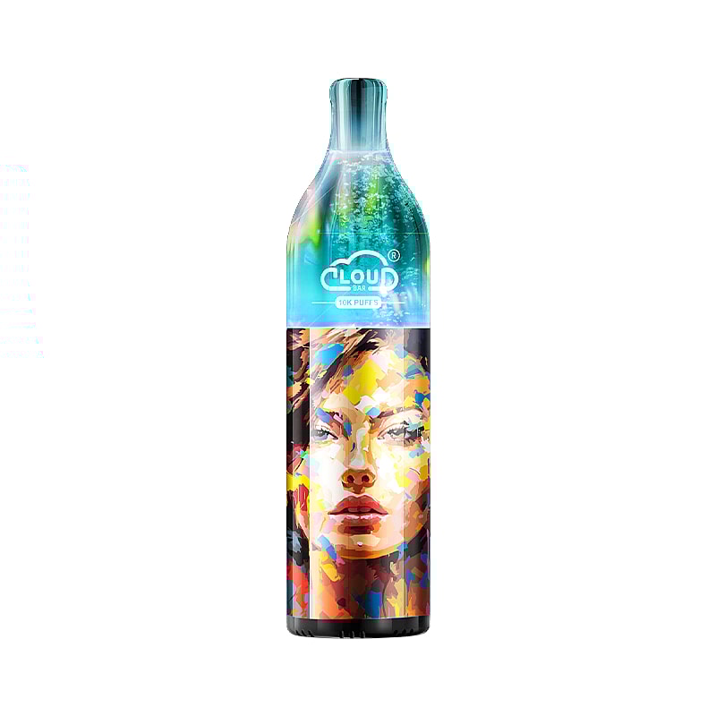 Un stylo vape cylindrique avec le logo « Cloud Bar », présentant une illustration abstraite vibrante du visage d'une femme.