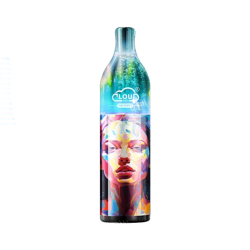 Une bouteille colorée avec un portrait stylisé et abstrait du visage d'une femme et le texte « Cloud Bar 10K Puffs » près du haut.