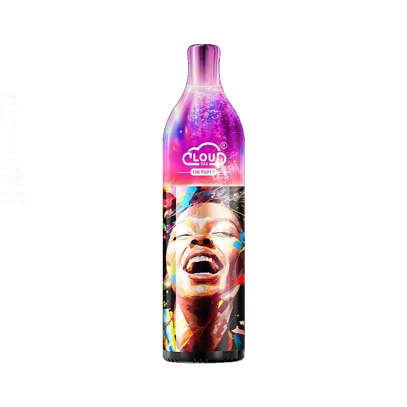 Un appareil à vapotage violet et noir portant le nom de marque « Cloud Bar » et « 10K PUFFS » écrit dessus. L'appareil présente une illustration colorée et abstraite d'une personne en train de rire.