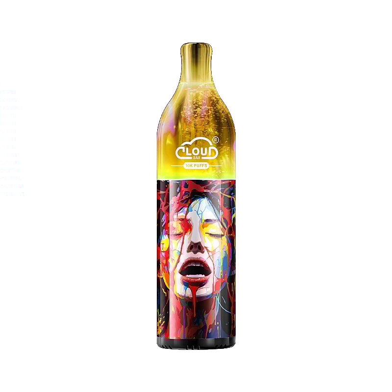 Appareil de vapotage coloré avec la marque « Cloud Bar » et un design de visage artistique.