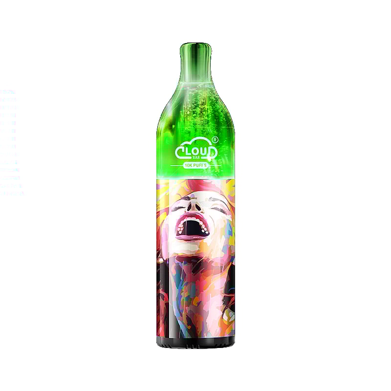 Un appareil de vapotage coloré avec une image vibrante et artistique d'une femme riant sur le corps et un capuchon vert semblable à un nuage affichant « CLOUD BAR 10K PUFFS ».