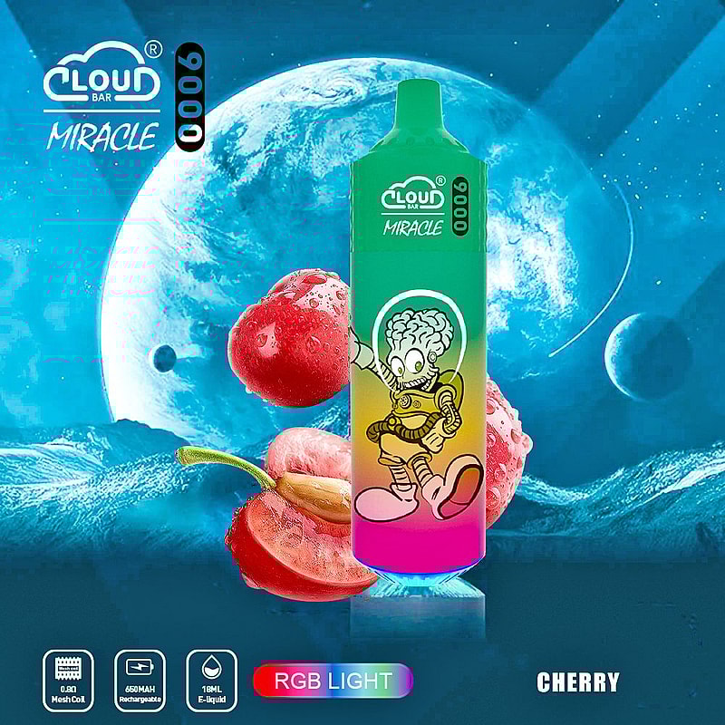 E-cigarette with "Cloud BAR Miracle" branding, cherry flavor, and RGB light feature. Background includes cherries and a cosmic theme.