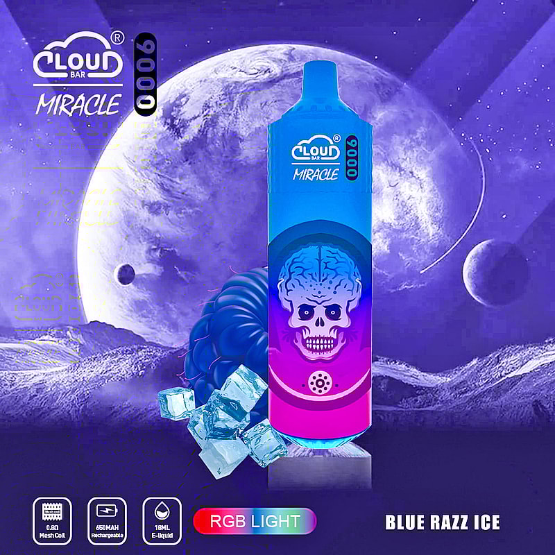 Blue disposable vape device with a skull graphic, set against a cosmic background featuring planets, ice cubes, and a raspberry. The text "Blue Razz Ice" is displayed on the bottom right.