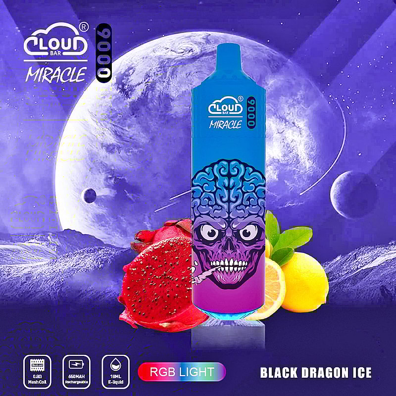 Cloud Bar Miracle vape device with a blue and purple design featuring a brain and skull illustration, set against a space-themed background with a planet and nebula. Foreground includes dragon fruit and lemon, with labels indicating "Black Dragon Ice," "RGB Light," "0.8Ω Mesh Coil," "650mAh Rechargeable," and "18ML E-liquid."