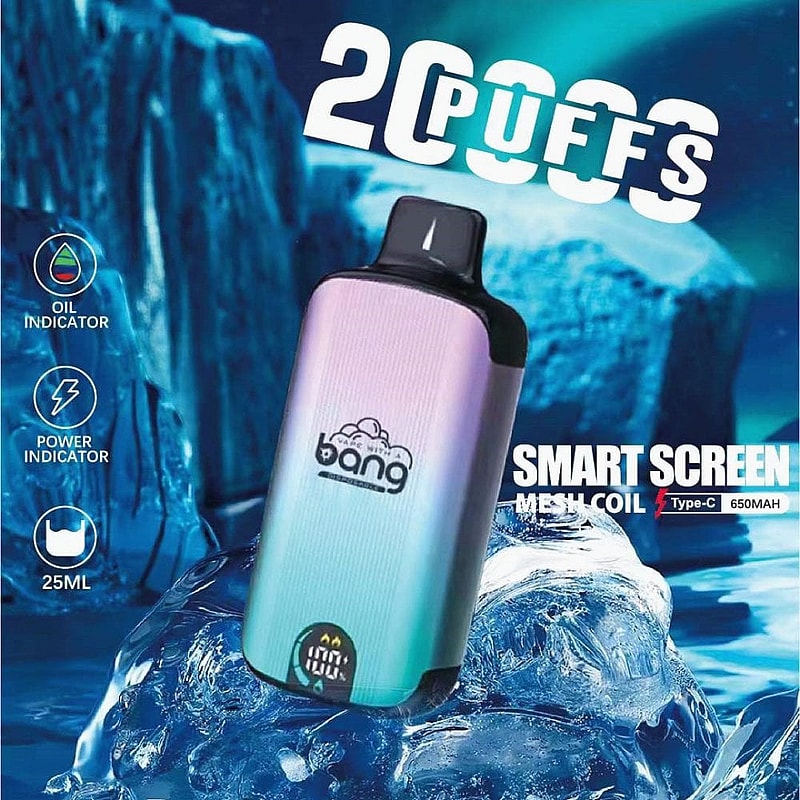 Smart skärm vape-enhet med 20000 puffar, olje- och strömindikatorer, 25 ml kapacitet, mesh-spole, typ C-laddning och 650 mAh batteri.