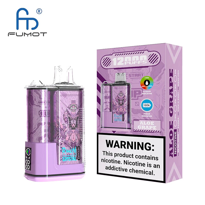 Disposable vape device with a purple design, labeled "Aloe Grape," featuring 12,000 puffs and nicotine warnings. The device has a transparent top section and comes in matching packaging.